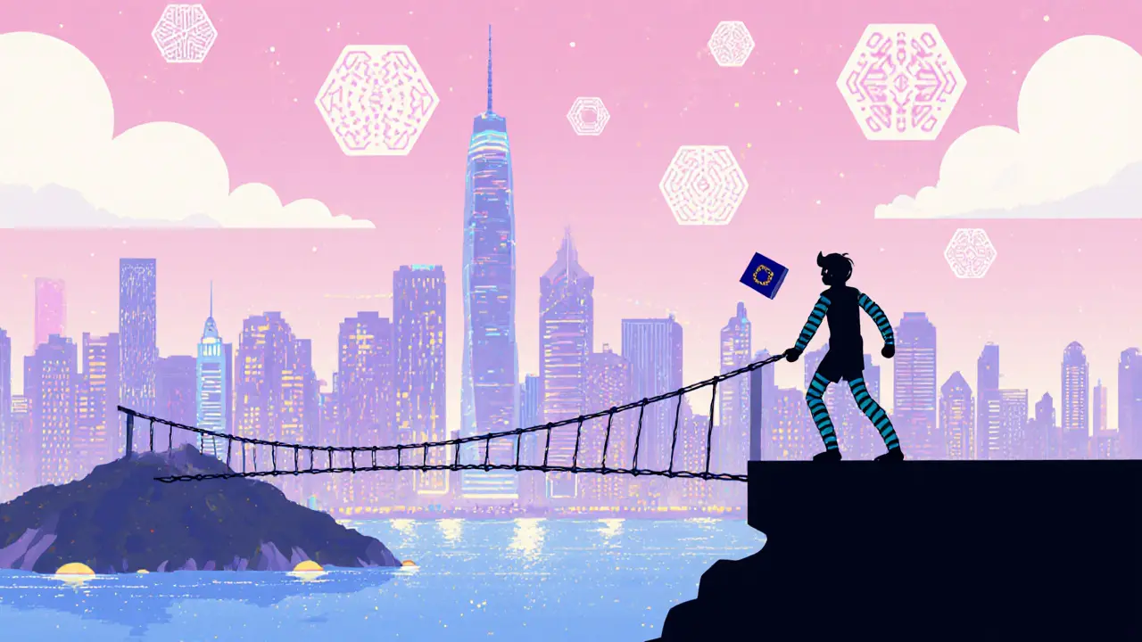 User crossing a bridge toward Hong Kong skyline with DEX symbols overhead.