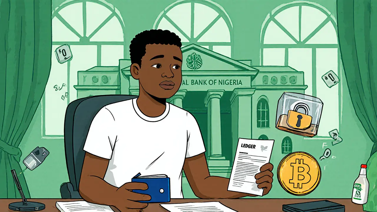 User holds a hardware wallet and ID, with escrow and bank symbols in a safe setting.