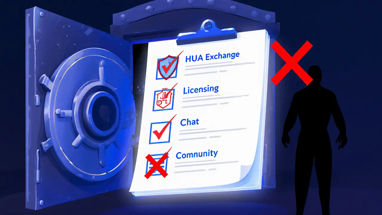 Vault opens to a glowing checklist of safe exchange features, with HUA Exchange silhouette crossed out.