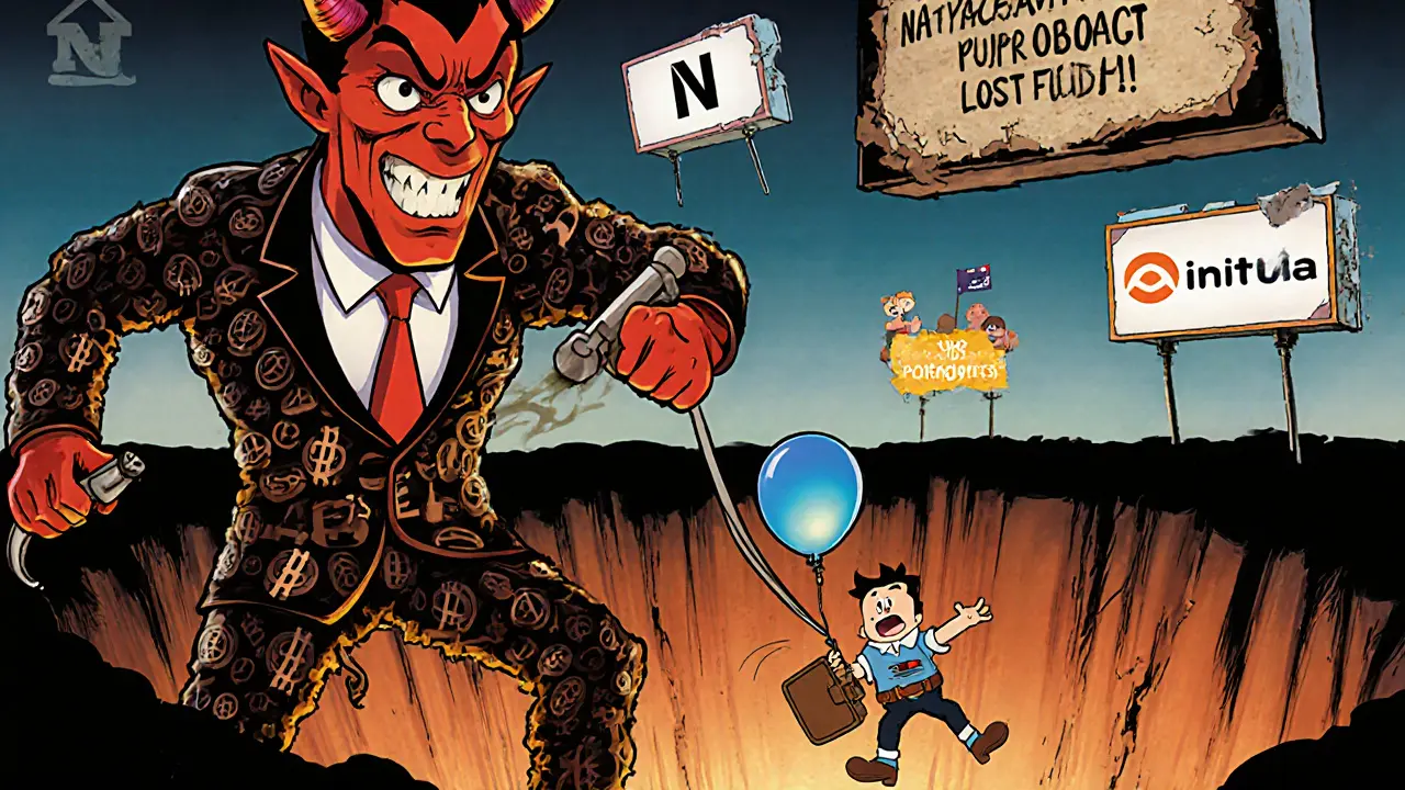 A cartoon devil pulling traps labeled &#039;Phishing Link&#039; as a naive investor floats toward a pit of lost funds.
