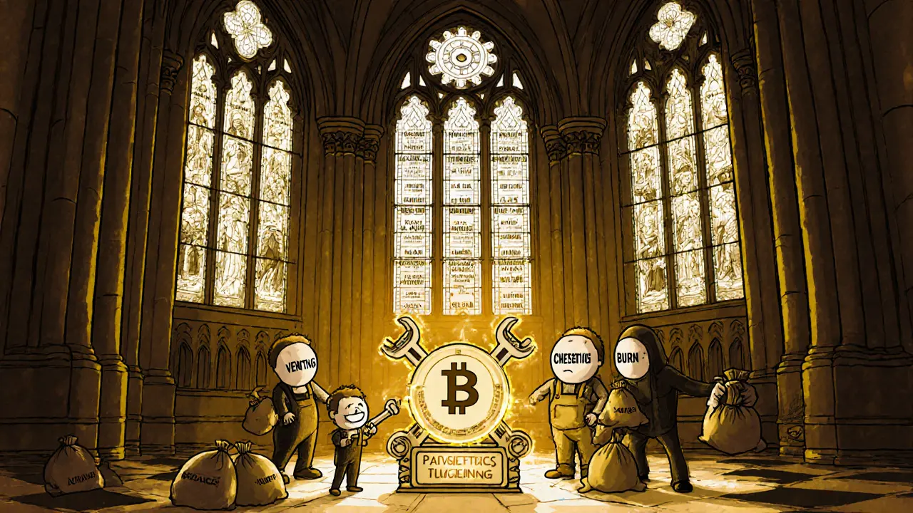 A cathedral temple of blockchain with developers repairing a tokenomics engine, shadowy figures sneaking in with unvested tokens.