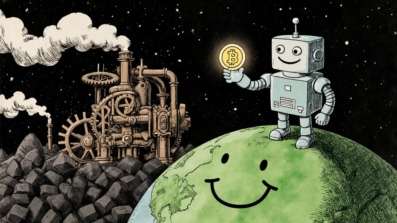 A clunky steam-powered mining monster being replaced by a sleek validator robot beside a smiling green Earth.