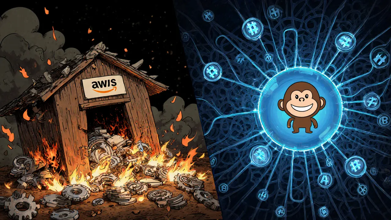 A collapsing server shack with burning NFTs vs. a glowing IPFS network preserving a happy Bored Ape in classic animation style.