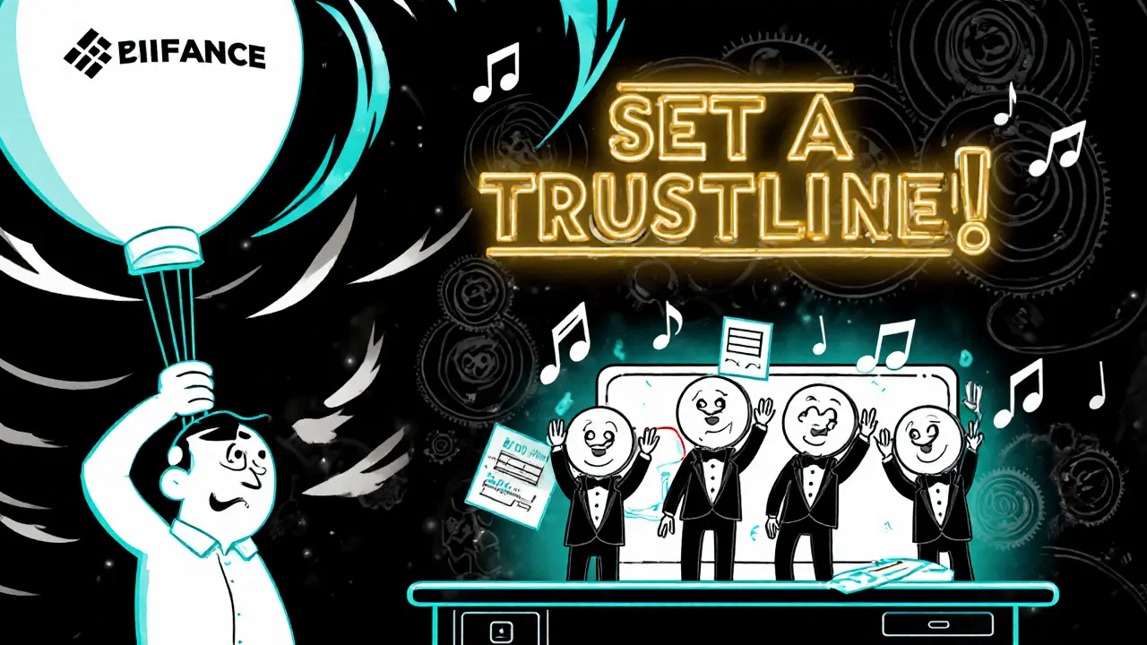 A confused investor is pulled away from an exchange while SOLO tokens guide them to a secure wallet with trustline diagrams.