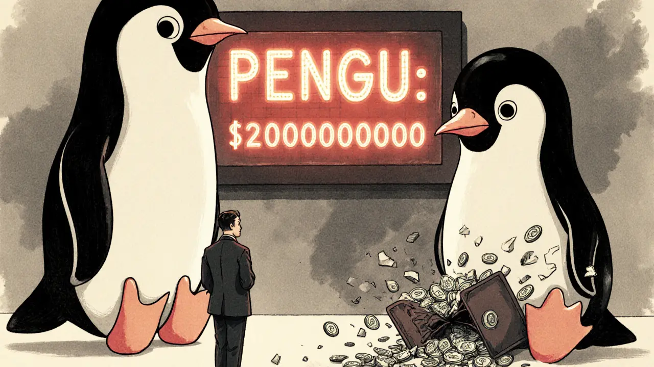 A confused man stares at a tiny price tag as two penguin icons face each other—one glowing, one crumbling.