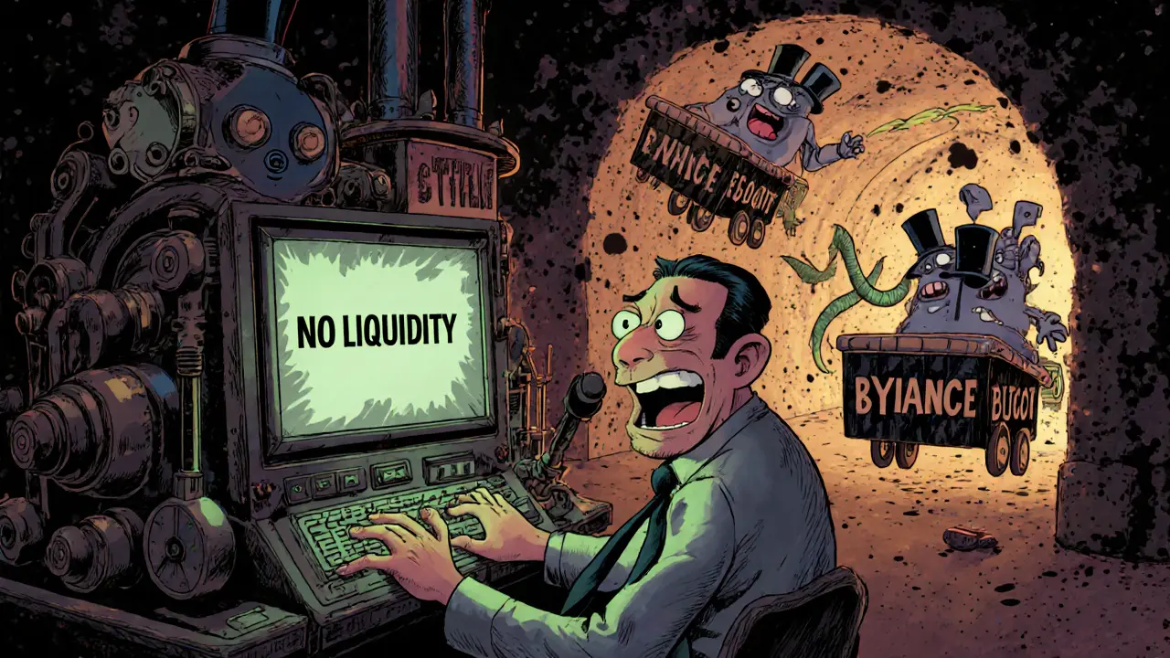 A confused trader struggles with a steampunk terminal while cartoon bots flee toward real liquidity in a vintage animated scene.