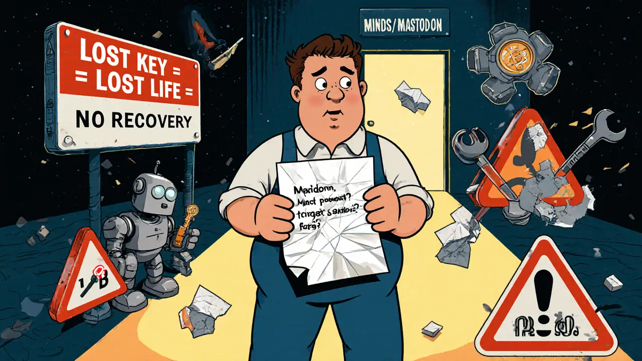 A confused user with a private key paper, warning signs around them, as a robot fixes a broken recovery button.