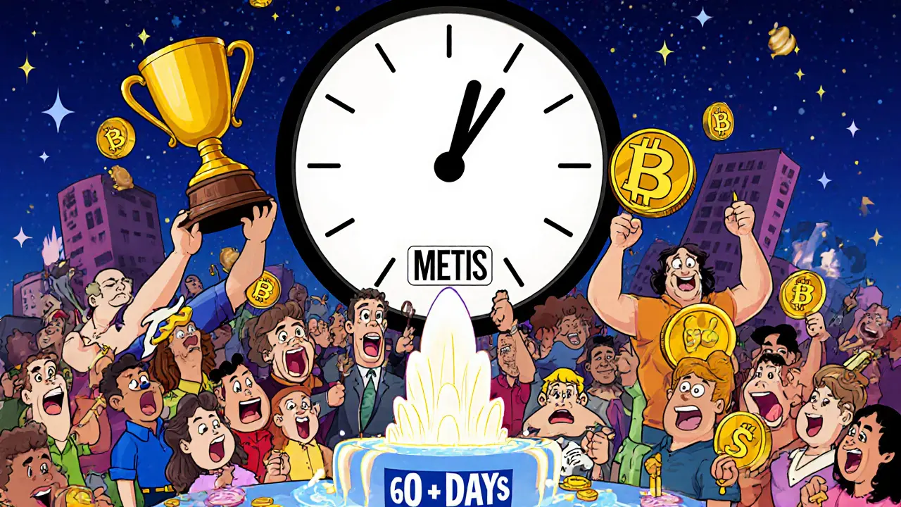 A crowd celebrating with METIS tokens as a countdown clock ticks down.