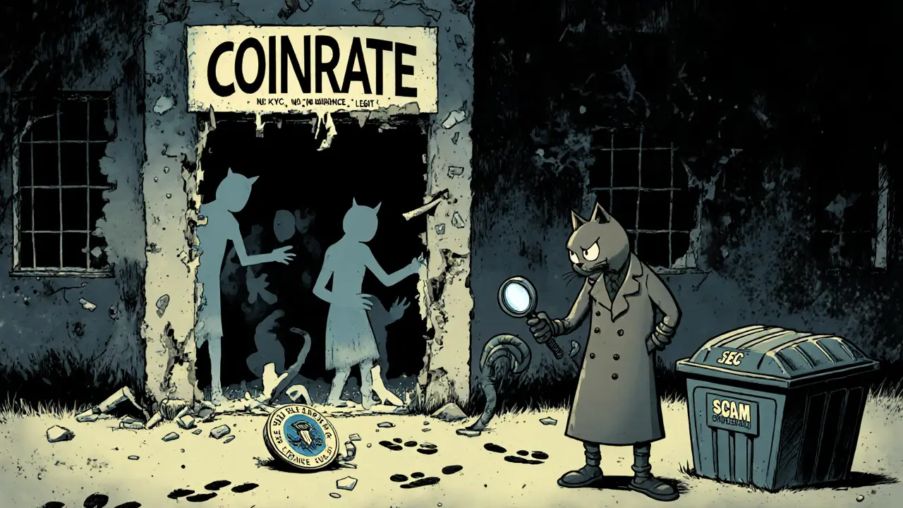 A crumbling fake exchange building labeled Coinrate falls apart with ghostly users inside, while a detective cat investigates crushed regulatory badges.