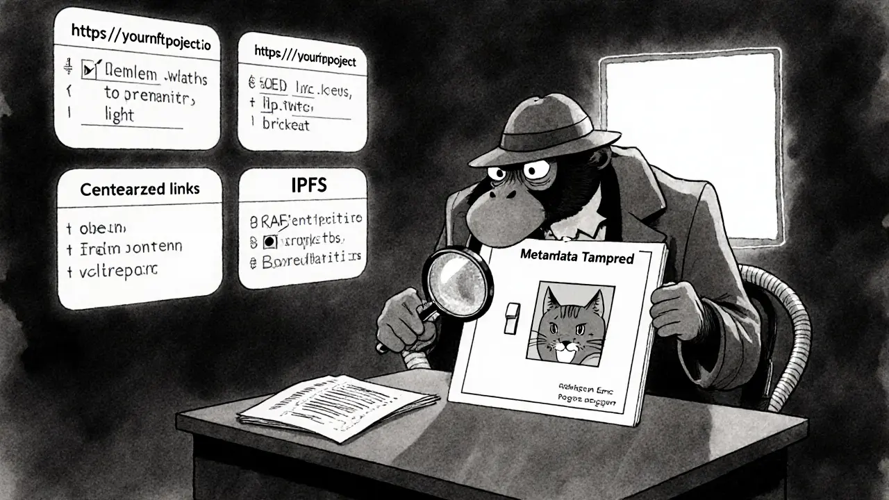 A detective monkey uncovering a swapped NFT image, with broken links and a glowing IPFS portal in 1930s cartoon aesthetic.
