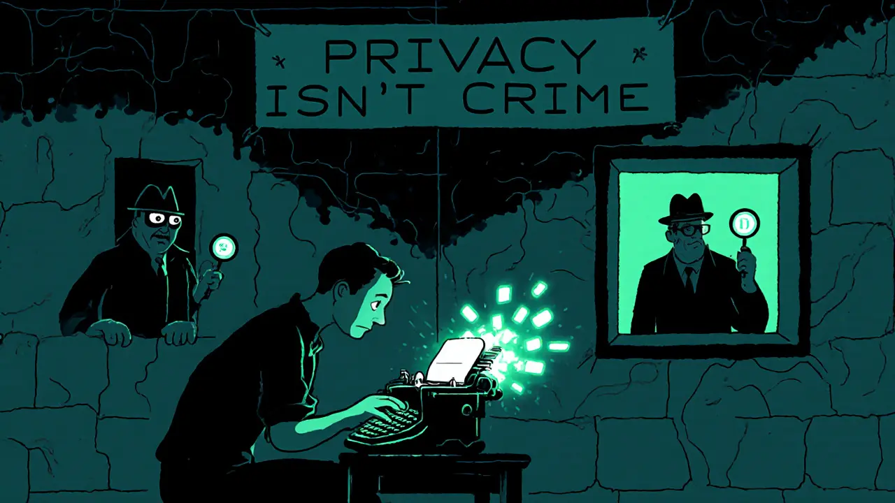 A developer creates new privacy code while regulators watch from outside, symbolizing resistance.