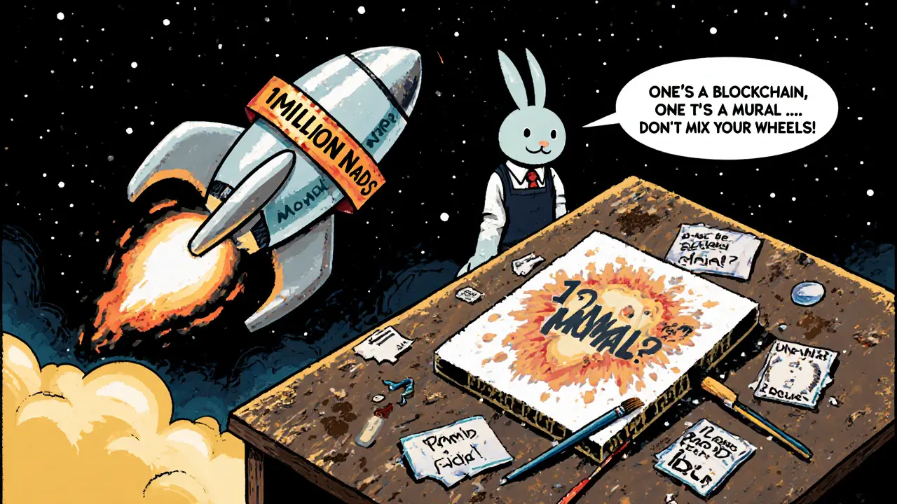 A futuristic Monad rocket flies above a quiet pixel-art canvas, with a rabbit explaining the difference.