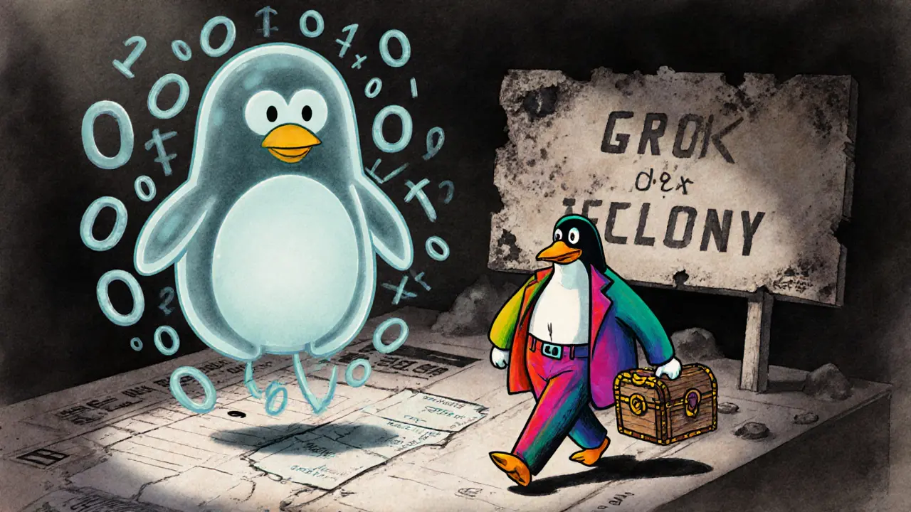 A ghostly zero-penguin fades away while a real Pudgy Penguin walks off with a treasure chest, leaving behind a crumbling sign.