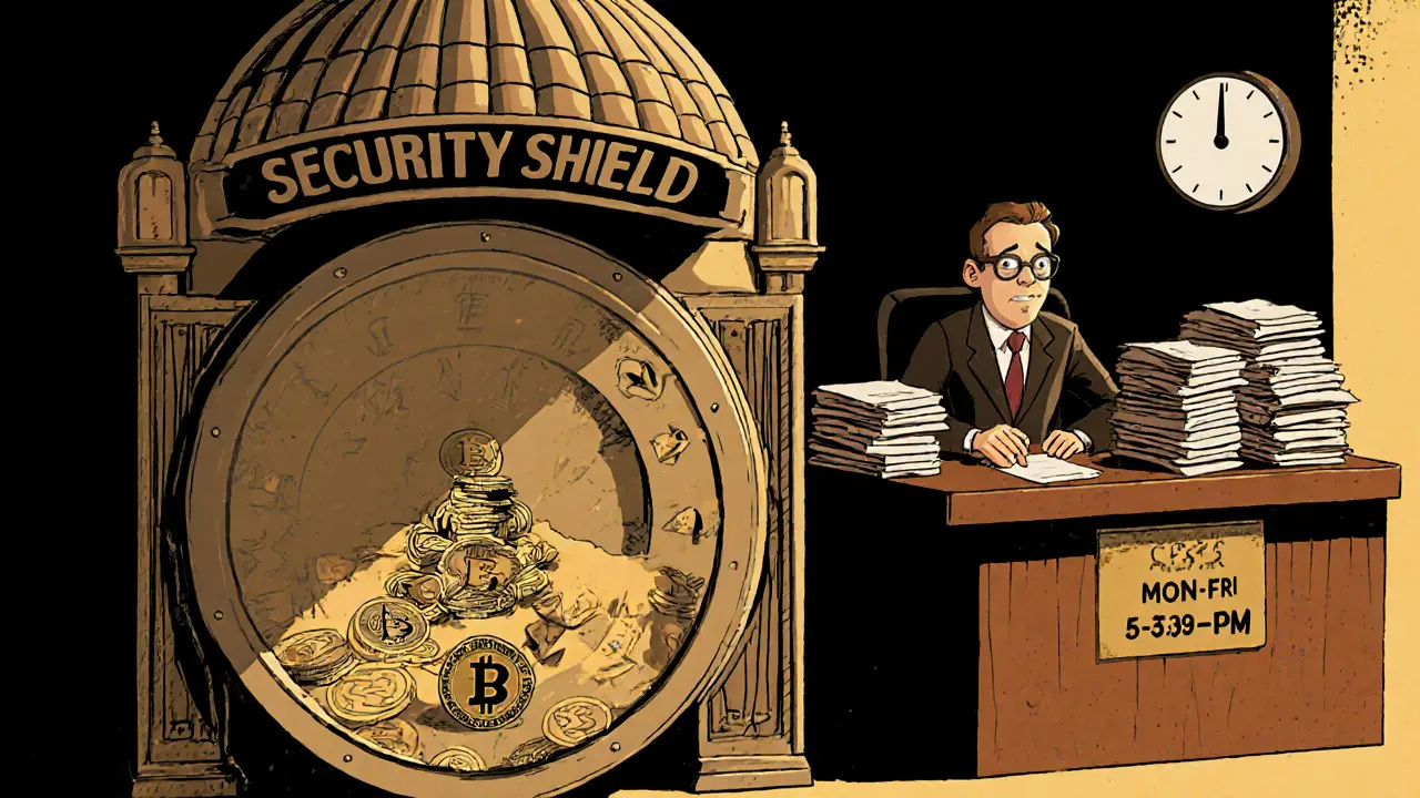 A giant security shield protects crypto coins while a slow support agent sits at a desk with stuck clock in vintage cartoon style.