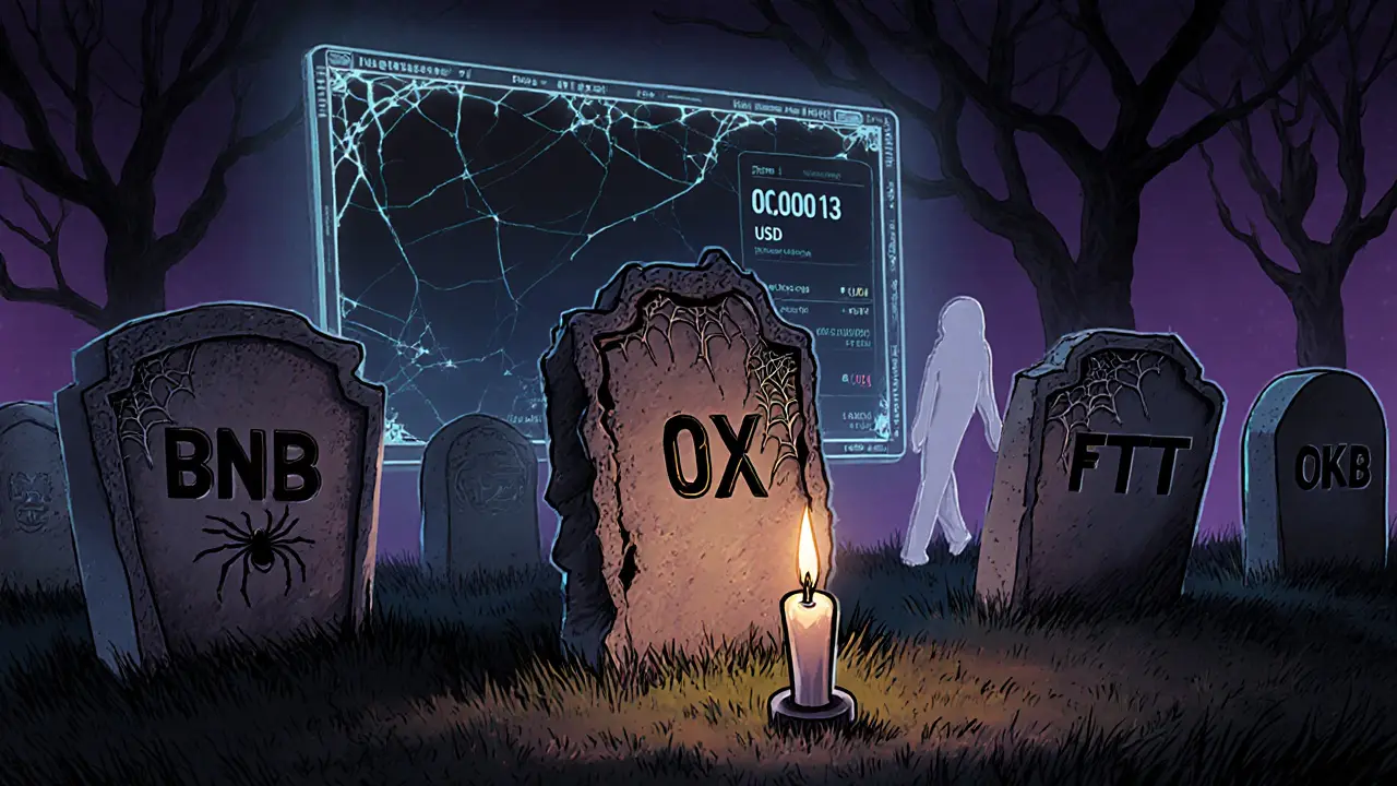 A graveyard of crypto tokens with a lone, abandoned OX tombstone and flickering price display.