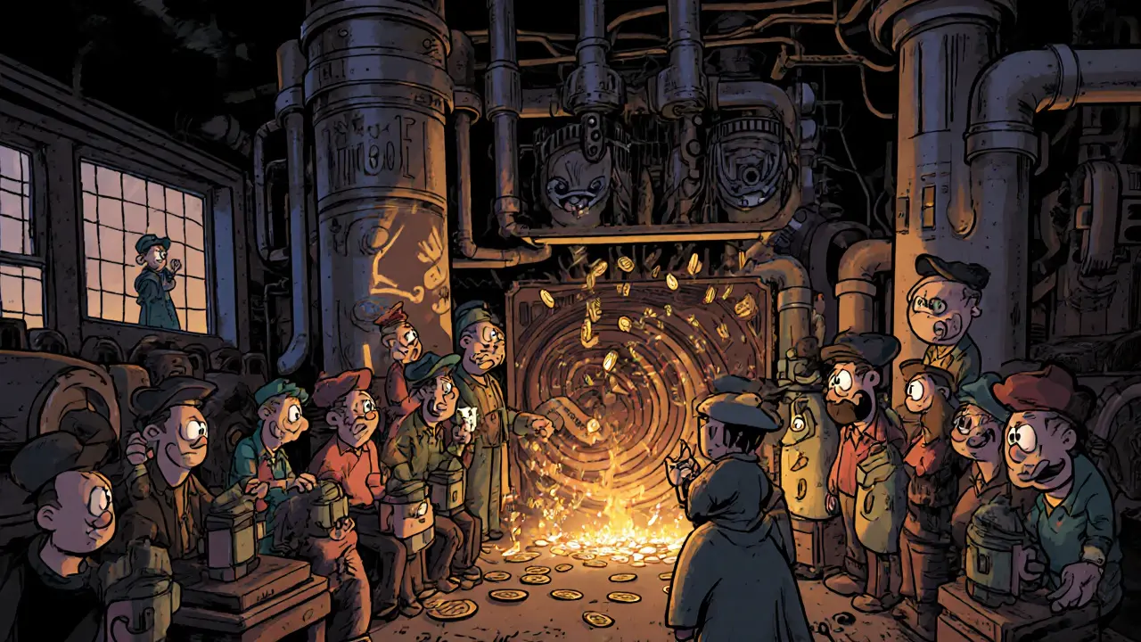 A group of cartoon miners operating giant Antminer machines in a pool, with coins raining into a central vault.