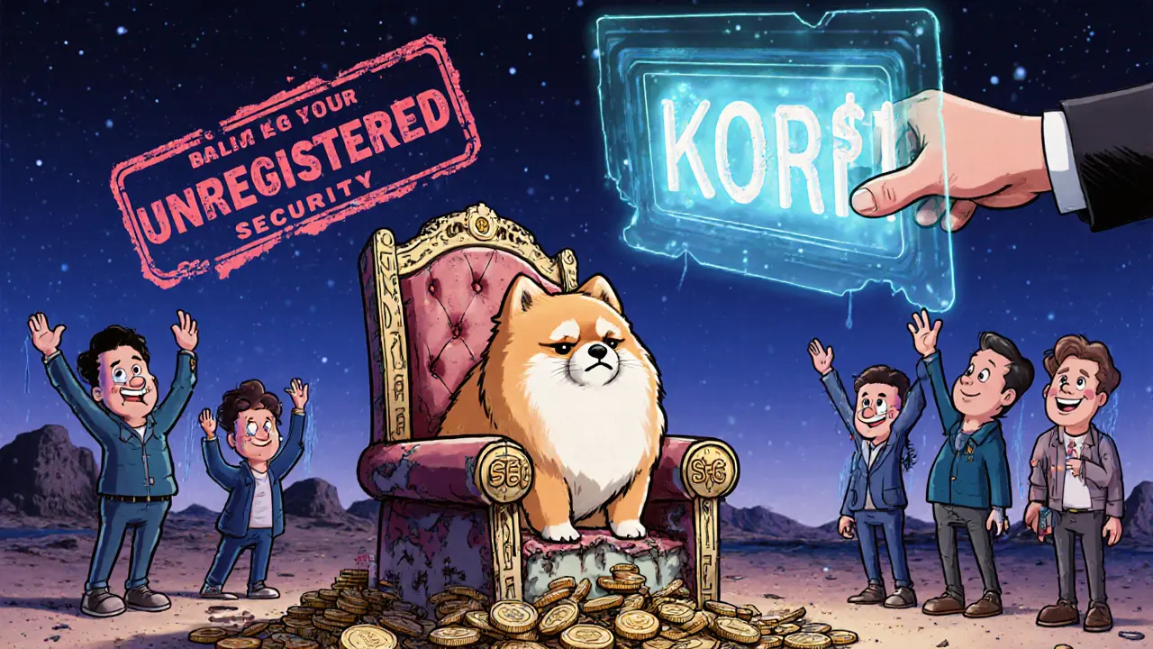 A lonely pomeranian sits on a crumbling throne of meme coins as regulatory hands stamp it illegal.