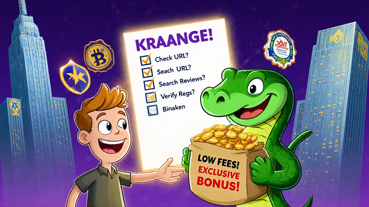 A naive investor hands coins to a snake-like scammer, with a failed safety checklist beside them, while trusted exchanges stand strong in the distance.