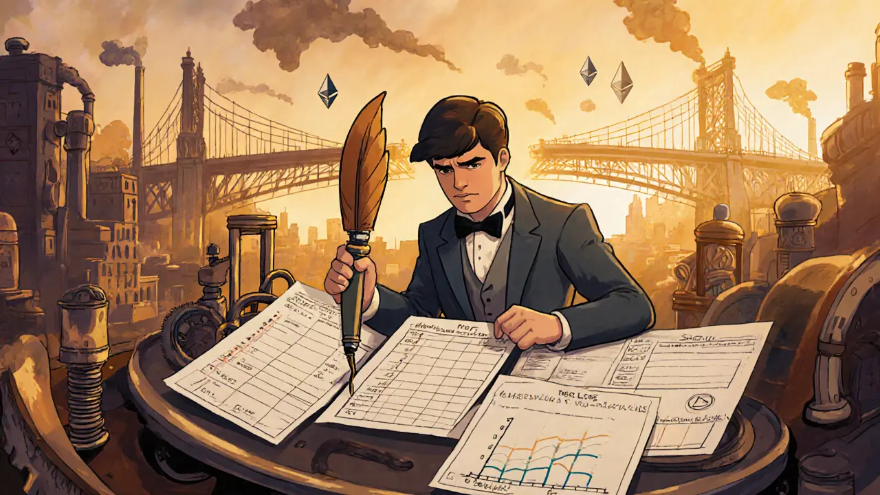 A person using a quill to log transactions on a spinning reputation dashboard.