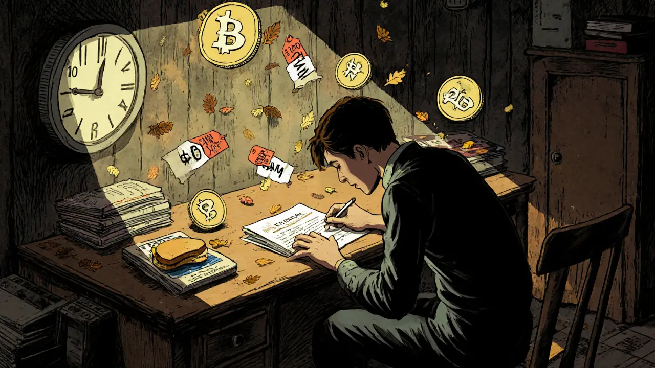 A player in a 1930s room surrounded by falling ETERNAL tokens with plummeting price tags, staring at a wallet interface.