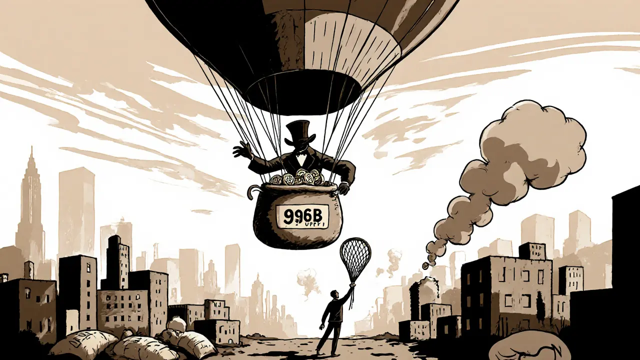 A shadowy figure dumps OX tokens from a balloon over sleeping investors, in Fleischer Studios surreal style.