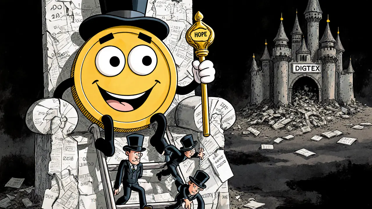 A smirking DGTX token sits on a throne of broken charts as traders climb a crumbling ladder made of empty promises.