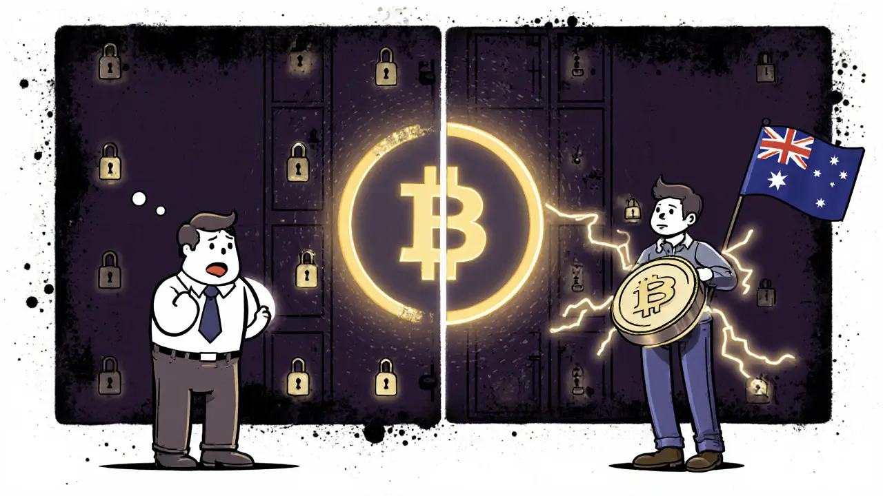 A split scene showing slow Bitcoin transfers vs instant Lightning Network withdrawals with Bitaroo’s logo in the center.