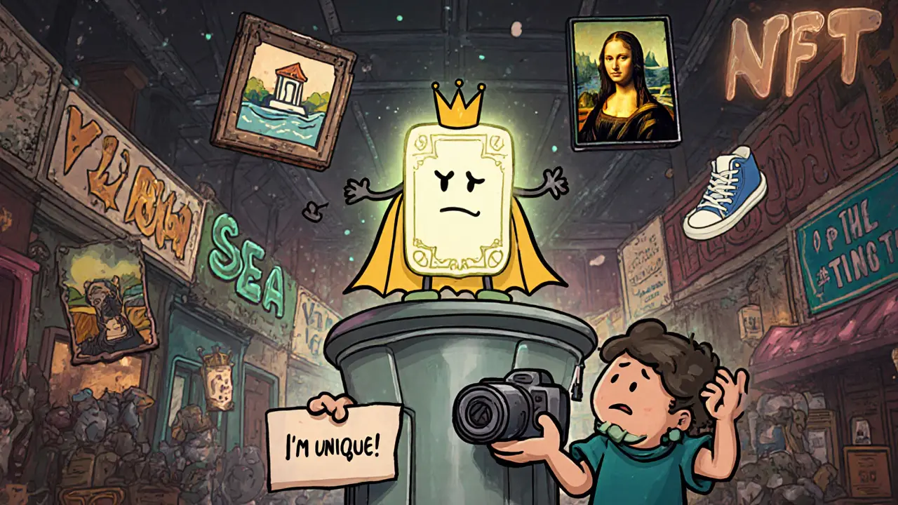 A unique NFT trading card with a crown surrounded by digital art, while a user tries to screenshot it.