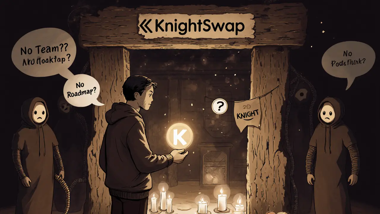 A user connects a wallet to a wooden exchange portal, with shadowy figures whispering doubts behind them.