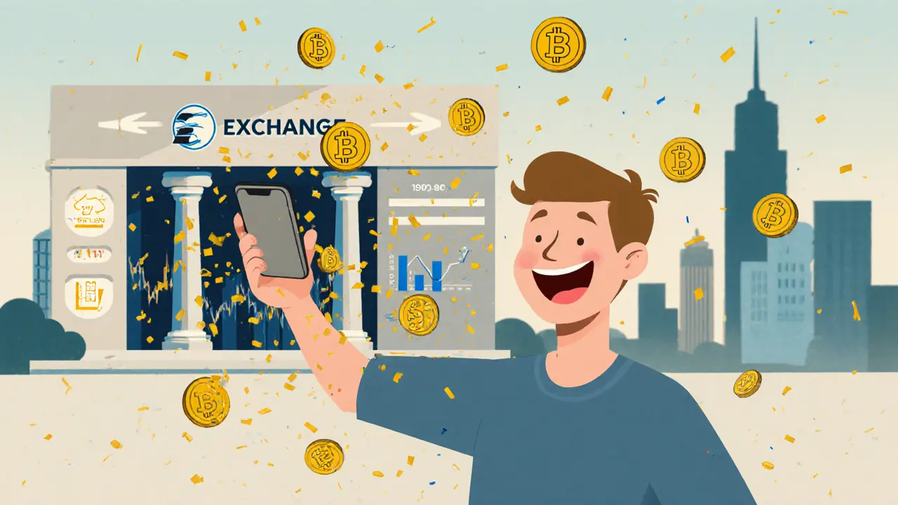 A user shakes a phone, raining Bitcoin coins, as advanced trading interfaces blur behind him in nostalgic cartoon illustration.