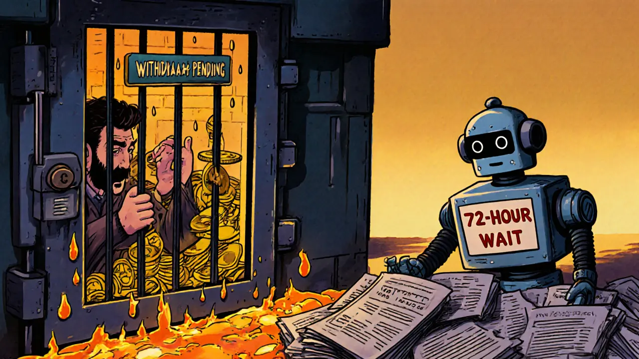 A user trapped in a withdrawal vault as DGTX tokens drip like lava, with a sleeping customer service robot outside.