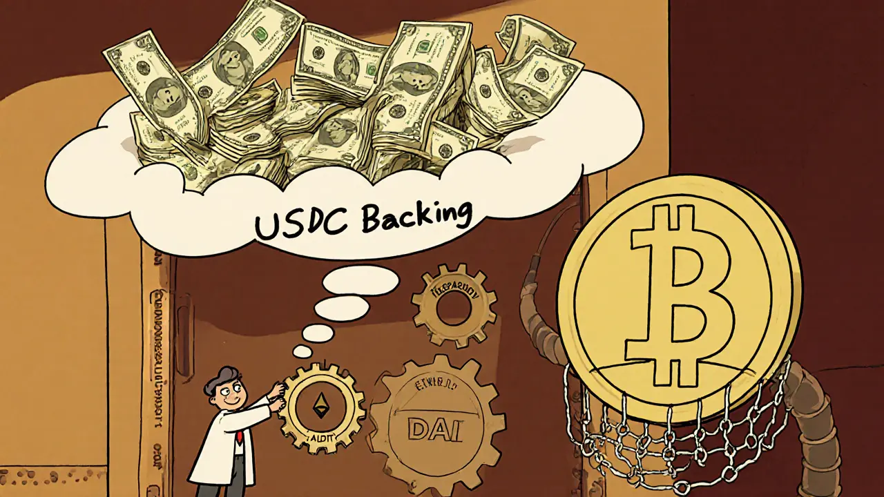 A vault opens to reveal U.S. Treasuries floating into a digital cloud, with a friendly DAI coin protected by a safety net of chains.