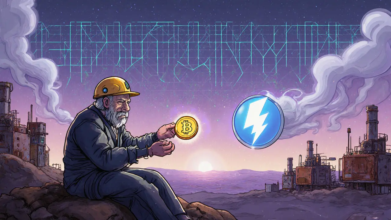 An elderly miner collecting a transaction fee under a vast blockchain, with old mining rigs rusting behind him.