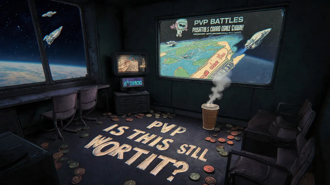 An empty Discord lounge in space with a faded roadmap and scattered tokens spelling out a question in classic cartoon style.
