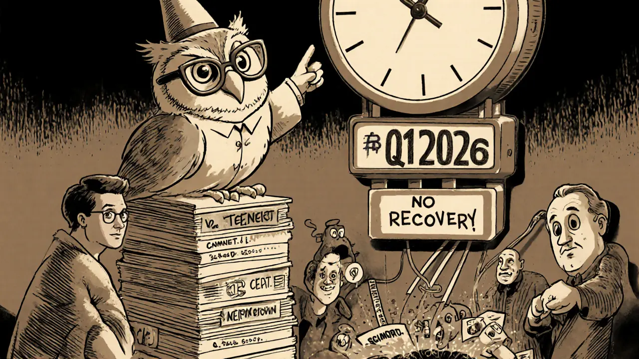 An owl points to a mainnet upgrade clock as users interact with testnet, while scam bots fall into a pit.