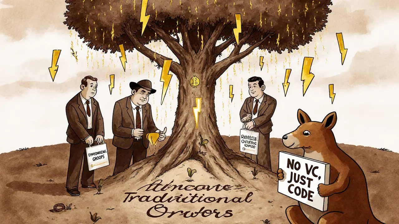 Australian developers planting ethical Bitcoin seeds under lightning rain, honoring Traditional Owners with a kangaroo nearby.