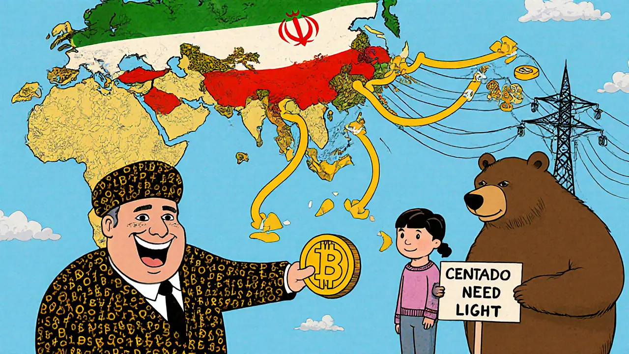 Bitcoin flows from Iran to other nations on a cartoon map, bypassing a broken financial system while families suffer power cuts.