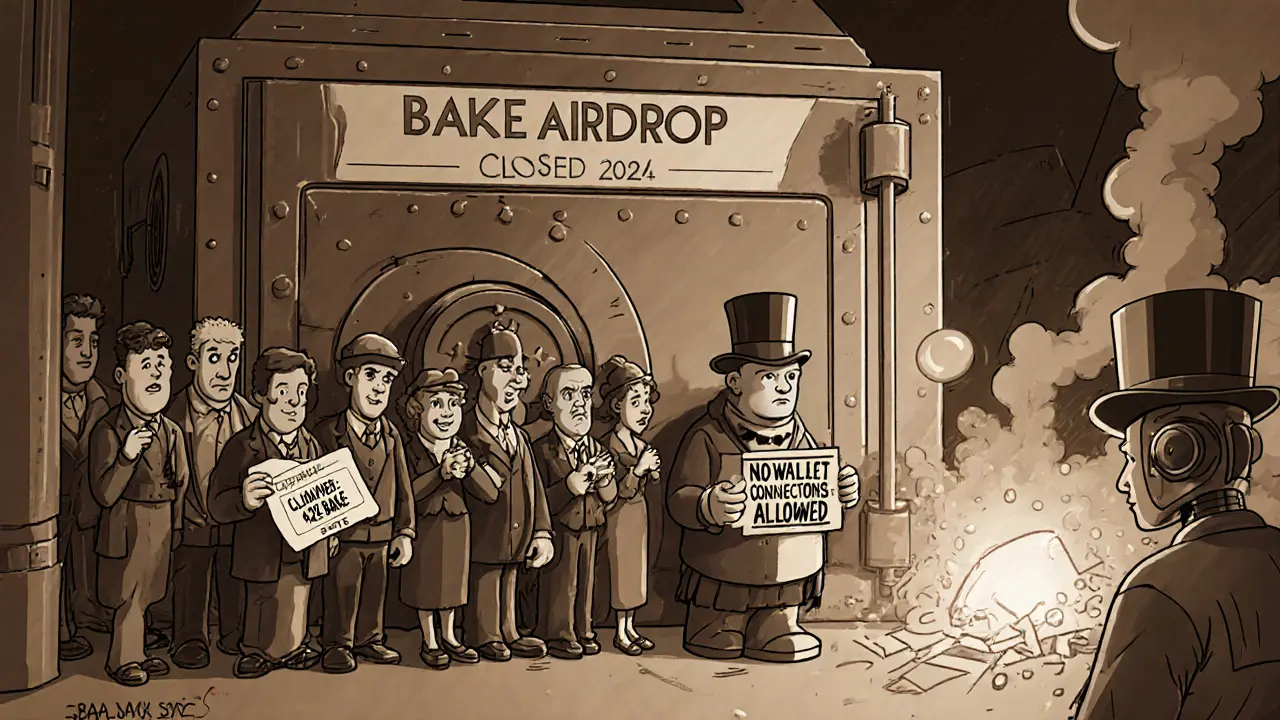 Cartoon characters turned away from a closed BAKE airdrop vault, with a scam site collapsing in smoke.