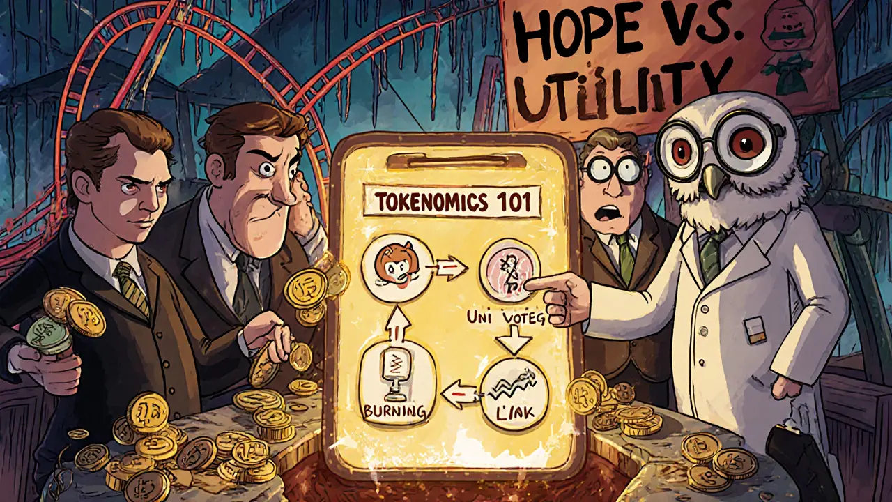 Cartoon investors dumping Dogecoin into a pit while an owl explains tokenomics via glowing flowchart.
