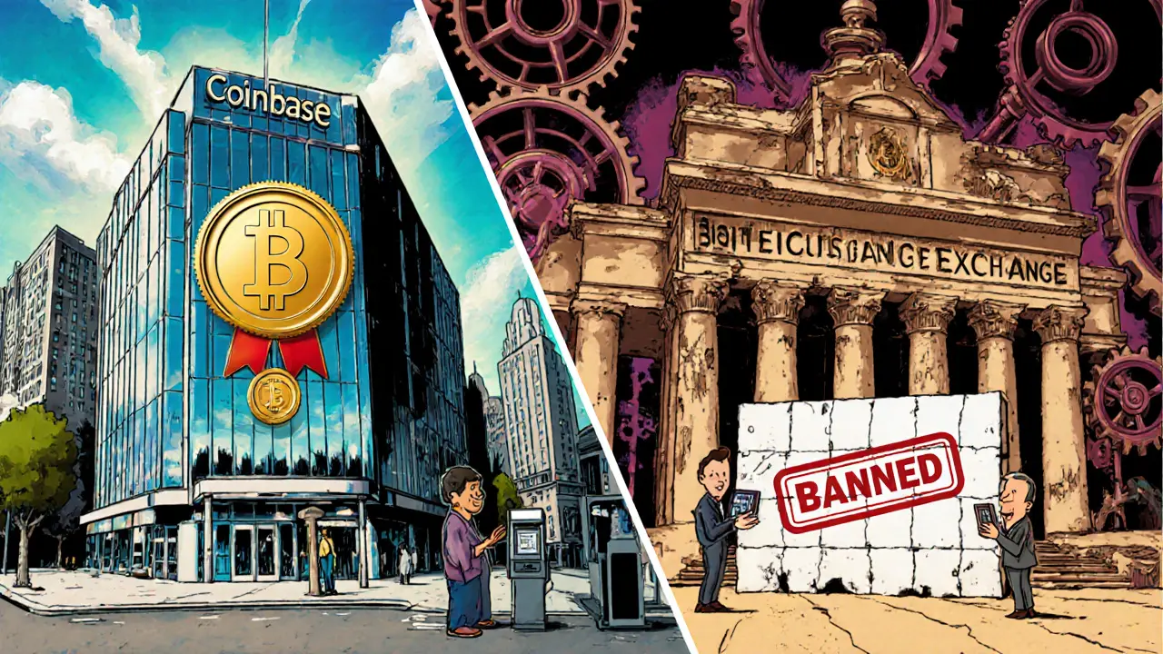 Contrasting scenes: licensed crypto firm thriving vs. banned exchange collapsing in 1930s animation style.