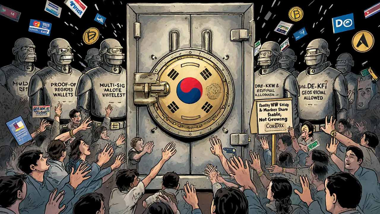 COREDAX as a secure vault guarded by compliance symbols, with global traders barred from entering.