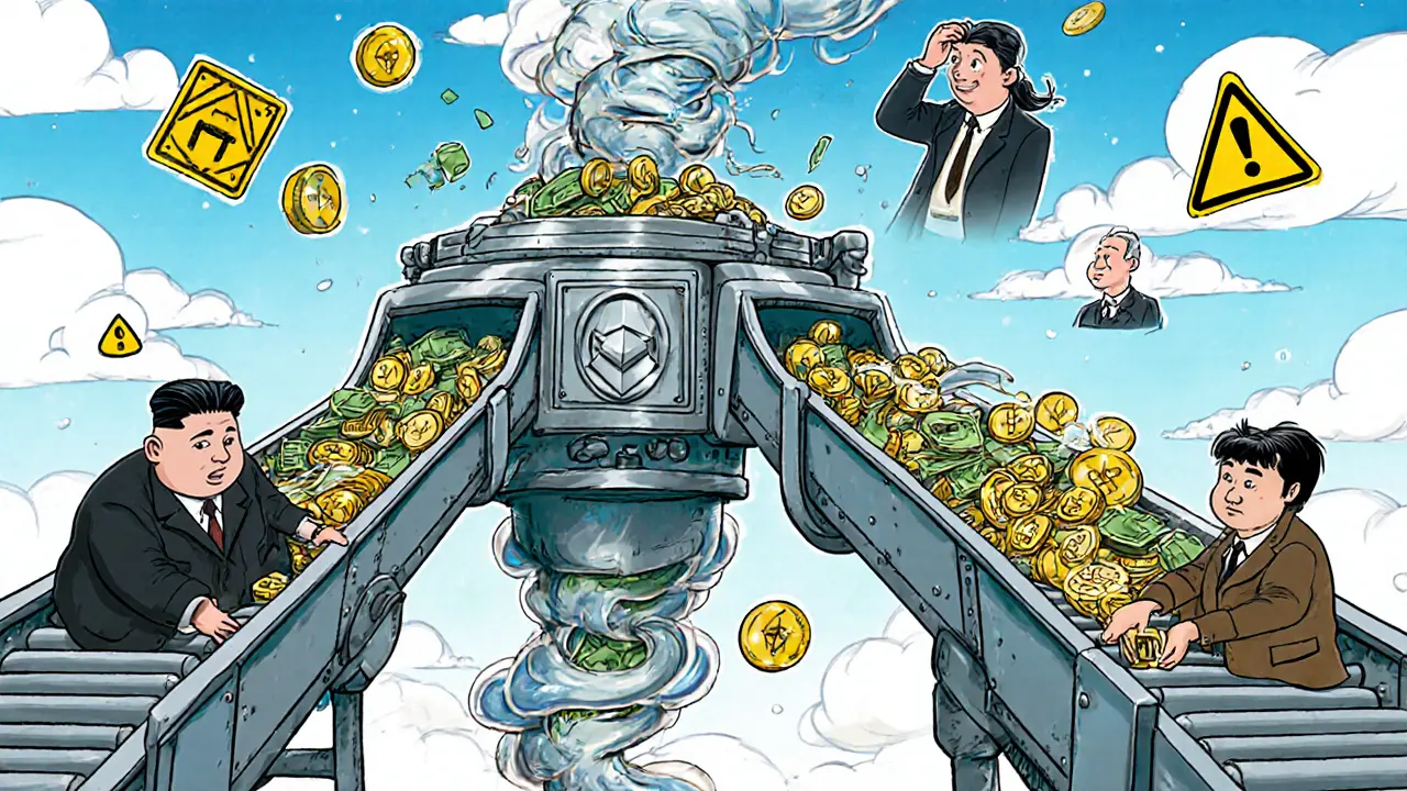 Crypto tokens flow through a chaotic mixing machine as hackers and users interact on a blockchain conveyor.