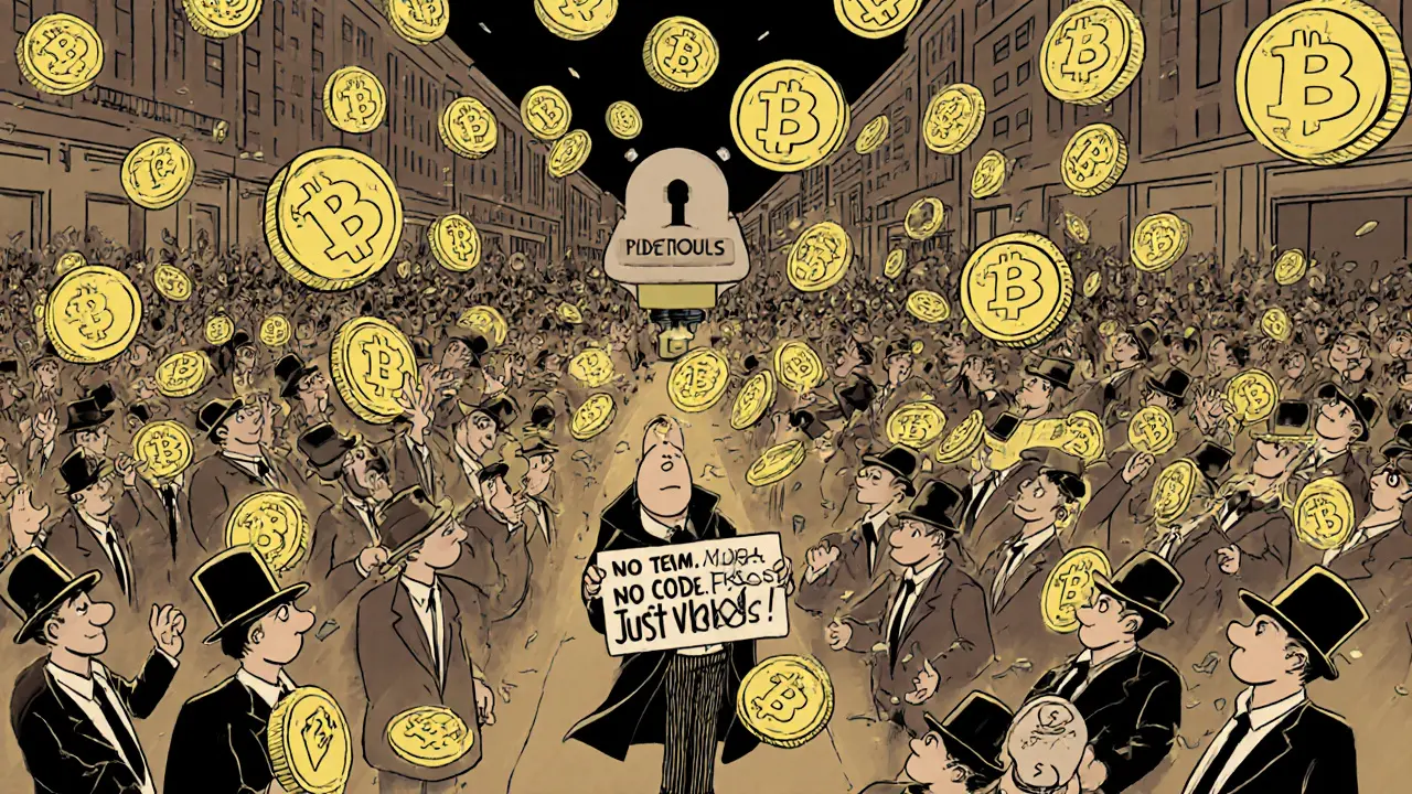 Floating tokens bounce over confused investors as a shadowy figure pulls a &#039;RUG PULL&#039; lever.