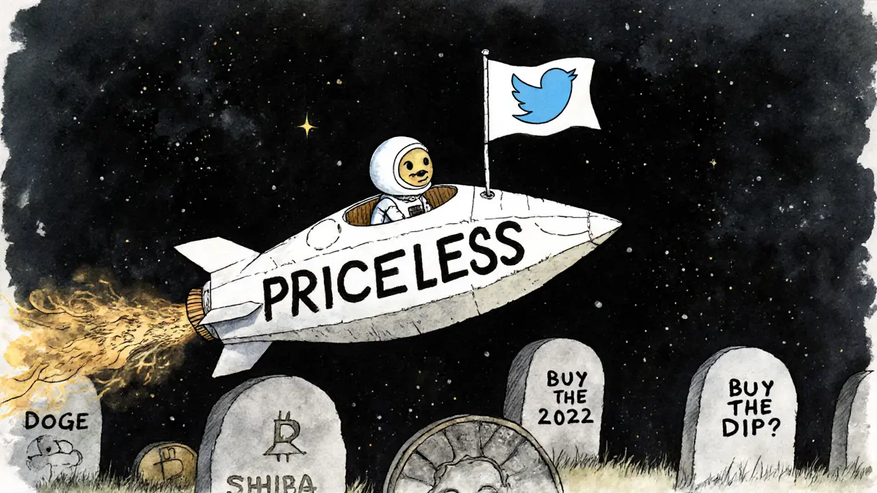 Fragile &#039;PRICELESS&#039; spaceship flies past graveyard of dead meme coins in cosmic space.