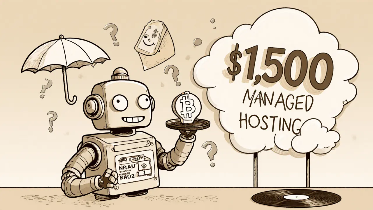 Friendly NEAR robot juggling blockchain shards, shielded by fiber and 5G umbrellas.