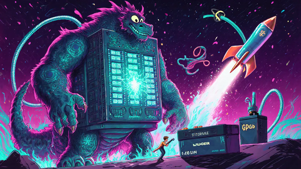 Giant Solana validator with 24 arms and 384GB torso, powered by NVMe legs and 5G rocket.