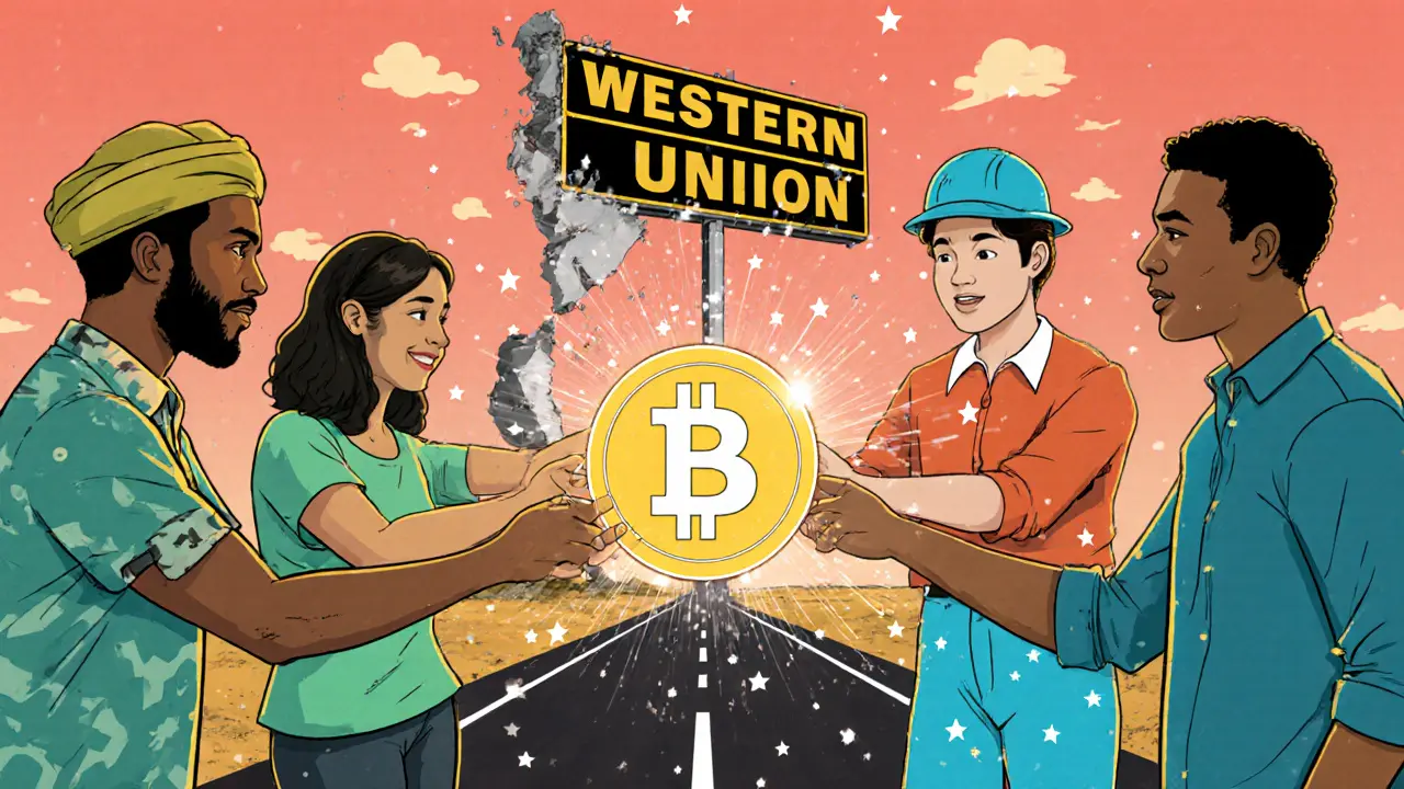 People from around the world pass a glowing USDC coin across continents, replacing old money systems with a digital highway.