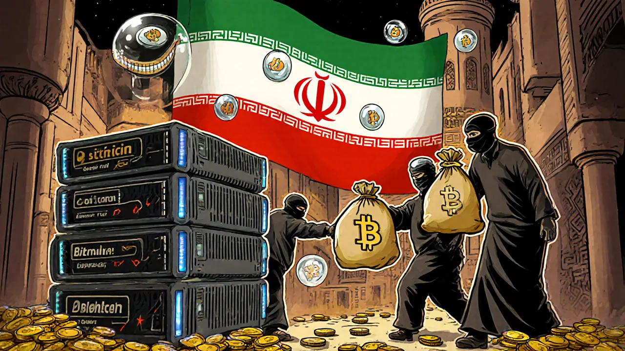 Smuggled ASIC miners traded in a bustling bazaar, with digital tokens and gold coins floating in the air.