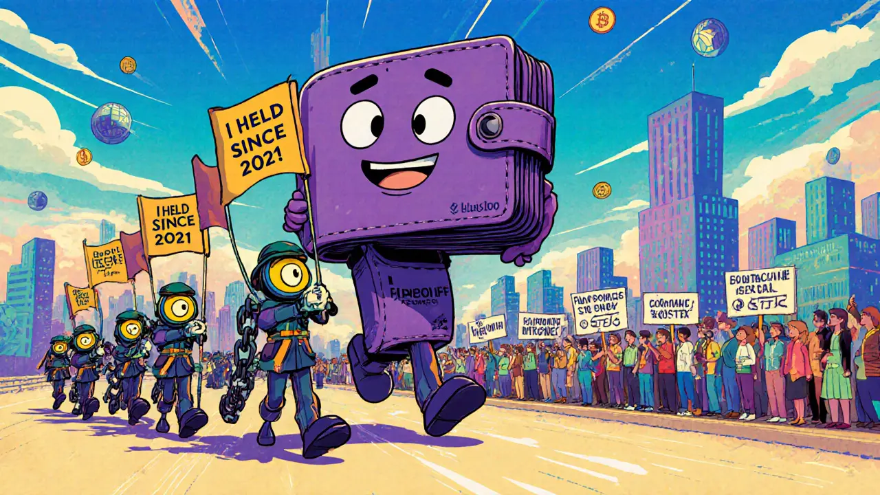 SOLO tokens lead a parade of loyal users toward a blockchain-city skyline, celebrating the Coreum airdrop.