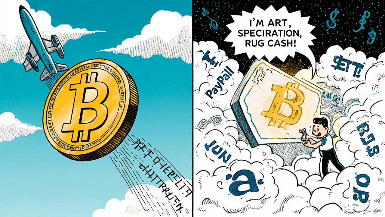 Split scene: Bitcoin flying through finance sky vs NFT tumbling through hype storm in cartoon style.